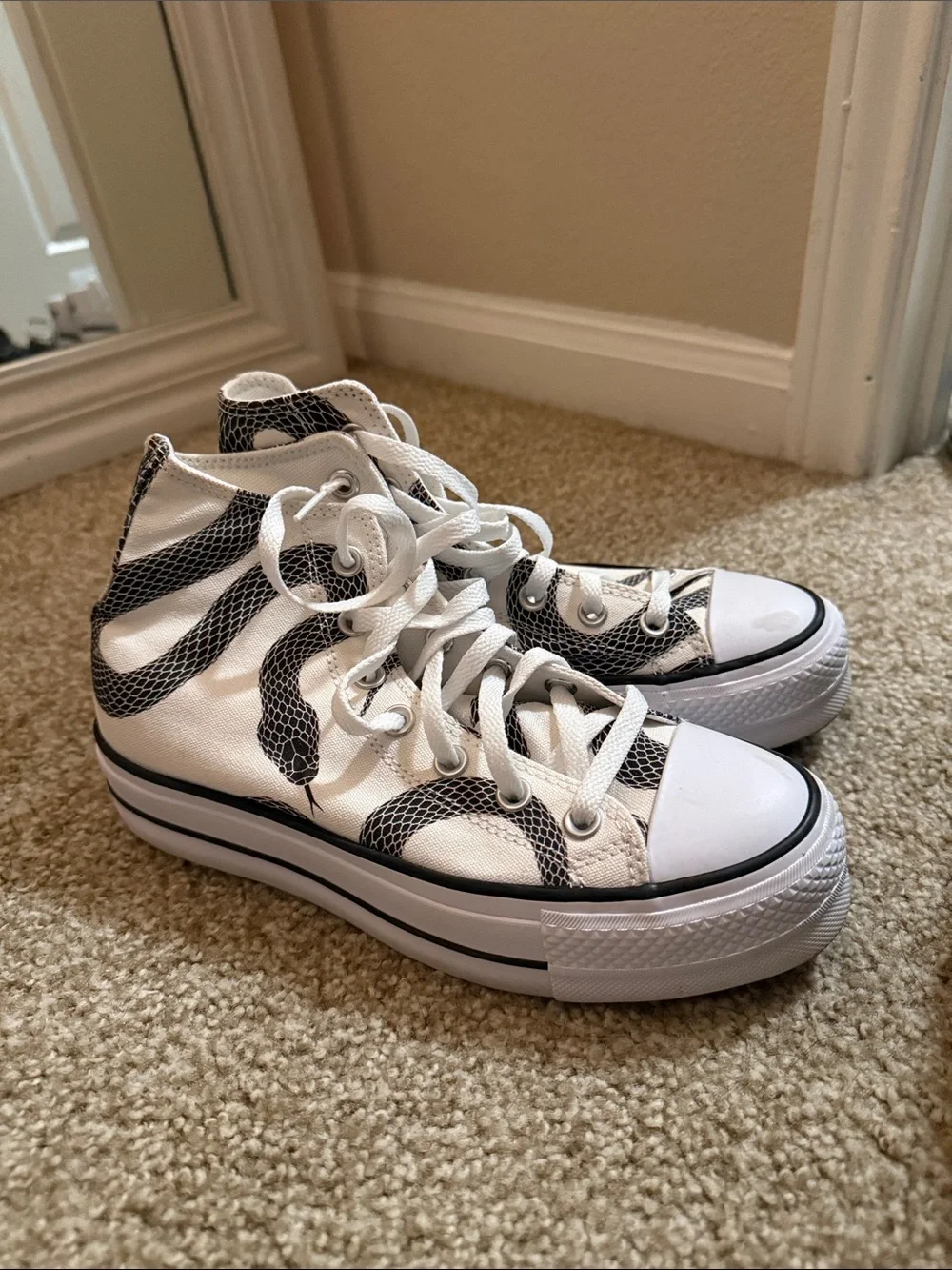 Converse White High-Top Sneakers with Black Snake Print
